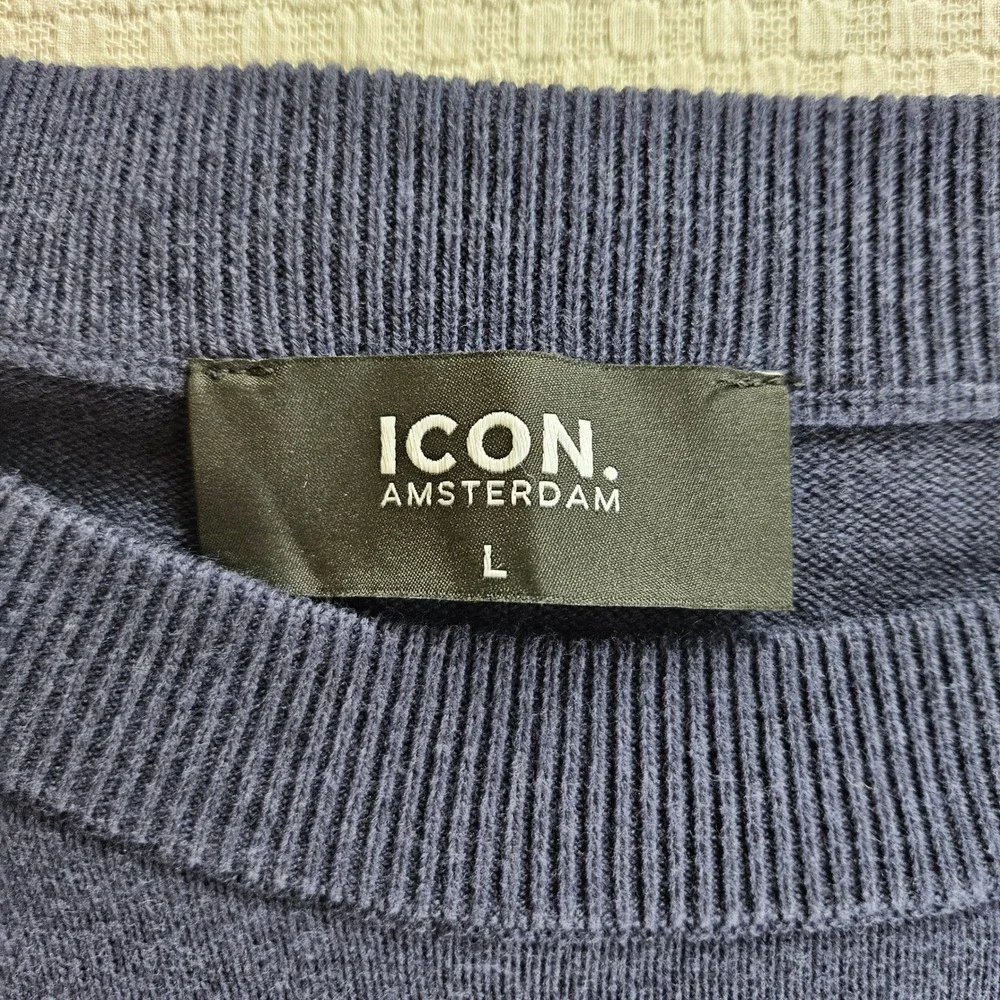 Icon Amsterdam Mens L Navy Crewneck Sweater Quiet Luxury Minimalism Heritage